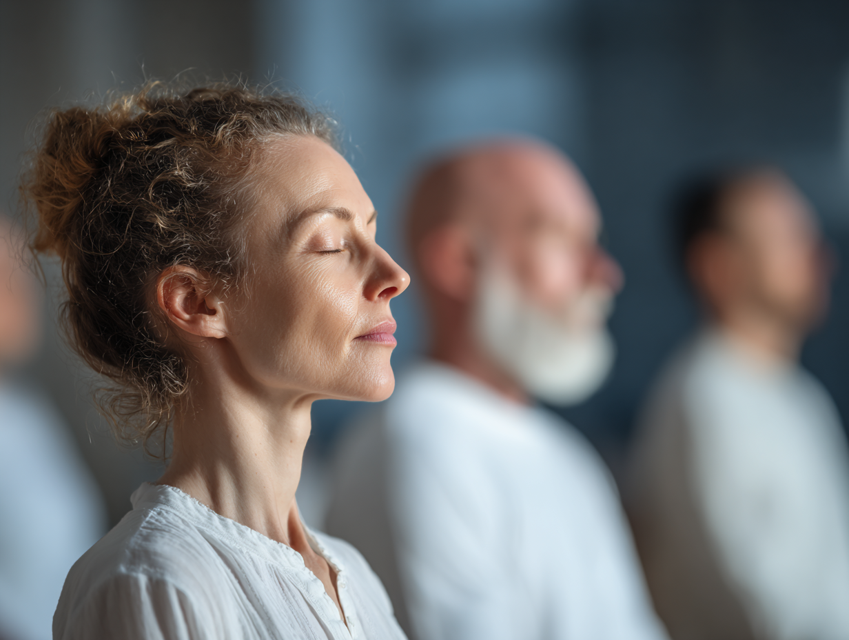 Nyugodt jóga pózban lévő nő napfelkeltekor